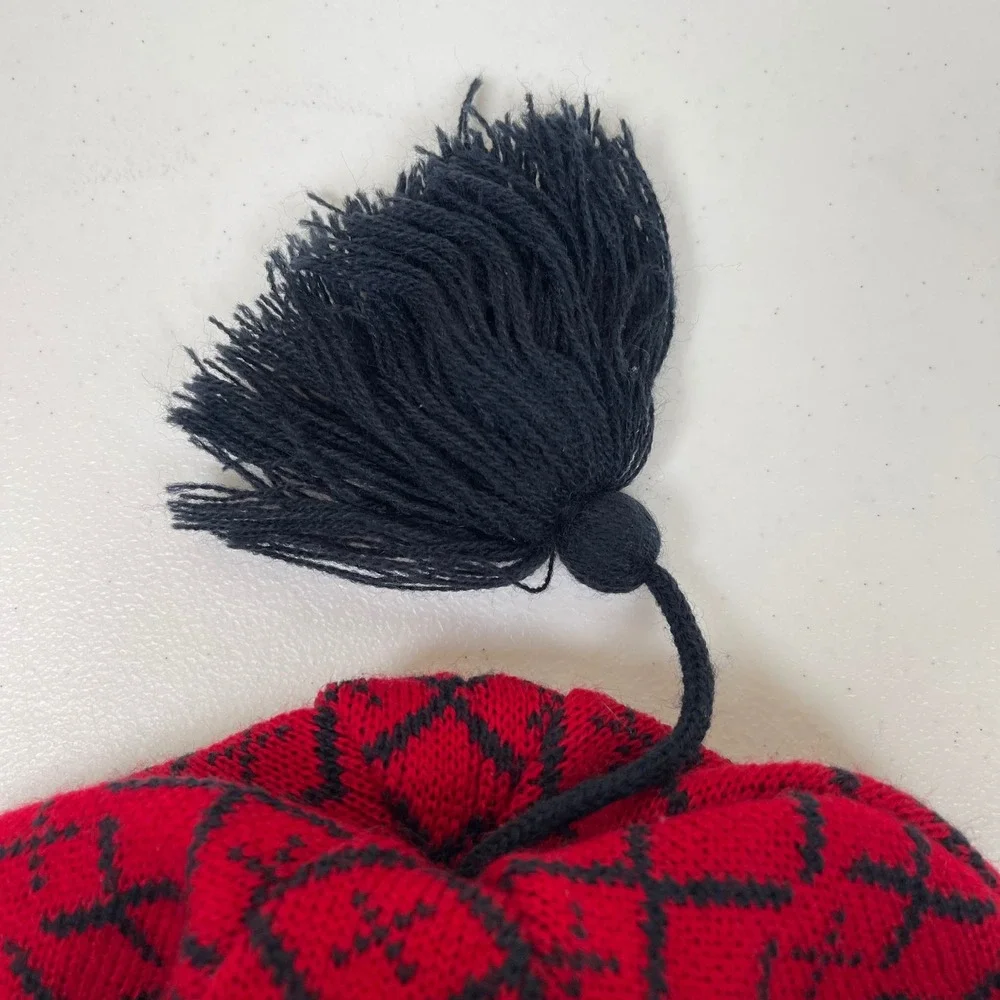 LLBean Kids Boys Knit‎ Hat Red Fair Isle Tassel Blue Fleece Lined Size M